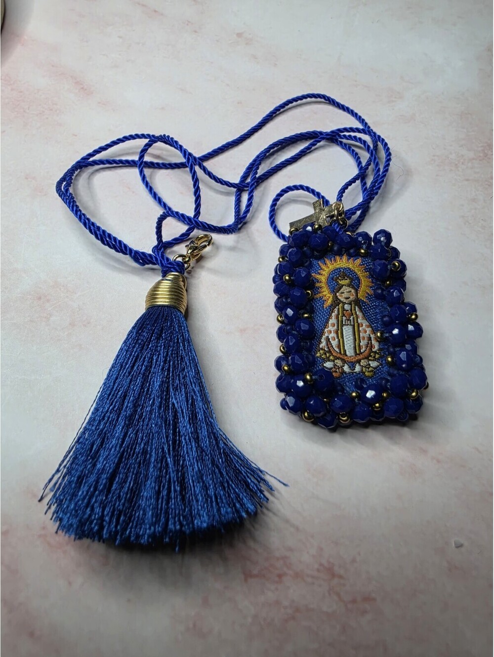 Handmade Embroidered Virgin Mary Scapular Necklace Blue Crystal Beads Tassel